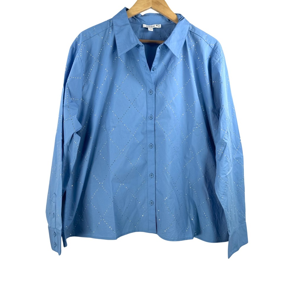 Chico's Button Down shirt sz 10 Blue Rhinestone Embellished money 90s preppy